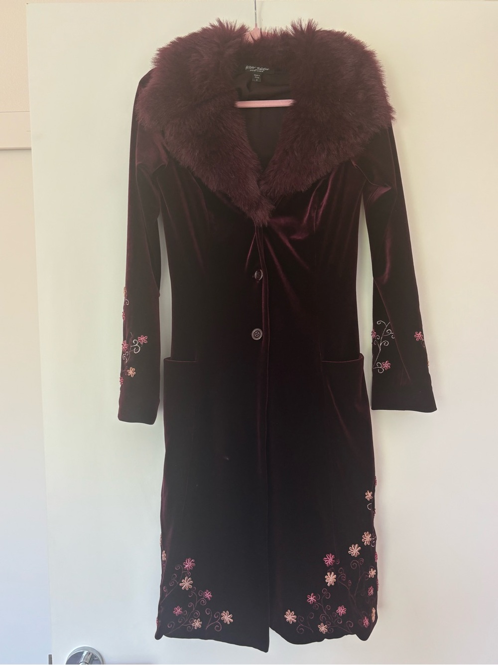 Vintage Betsey Johnson Purple Burgundy Duster Jacket Coat Faux Fur Collar